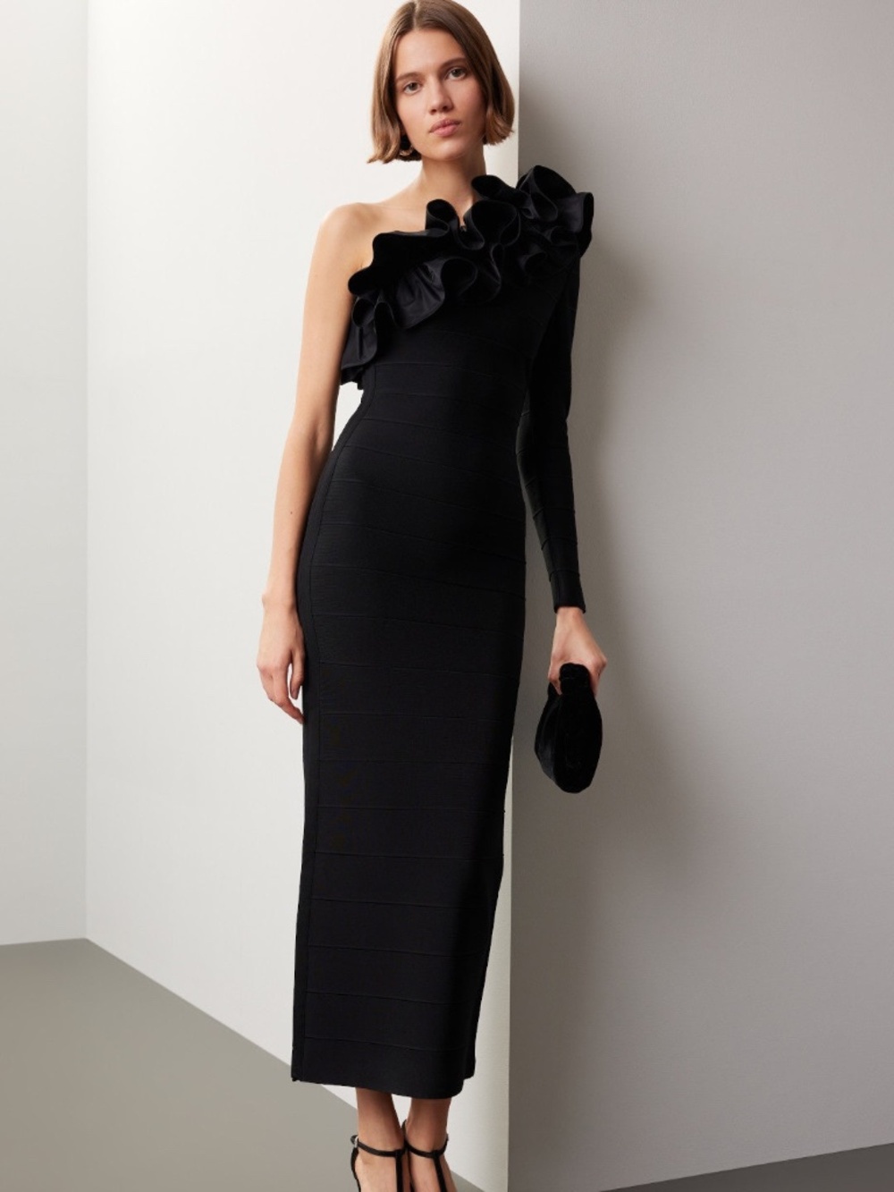 Herve Leger Asymmetrical Ruffle Gown Black One Shoulder Bandage Dress Maxi SMALL